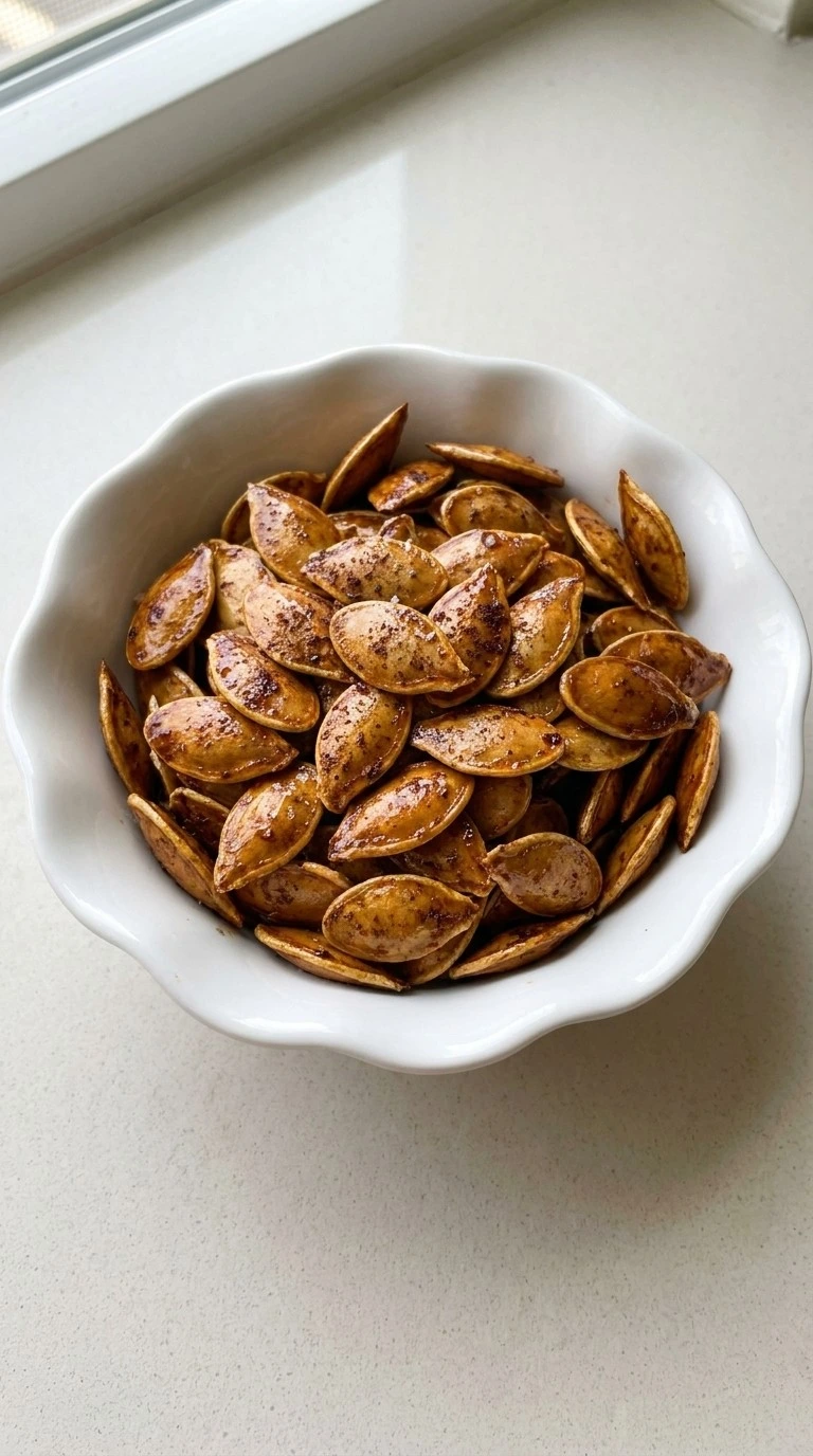 Honey Roasted Pumpkin Seeds cooled until crisp with glossy amber shells in a white scalloped bowl Recipe focus: honey roasted peanuts recipe.