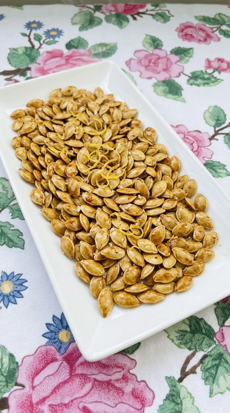 Lemon Roasted Pumpkin Seeds piled on a white platter with golden edges, paprika speckles and fresh lemon Recipe focus: how to make lemon roasted pumpkin seeds.