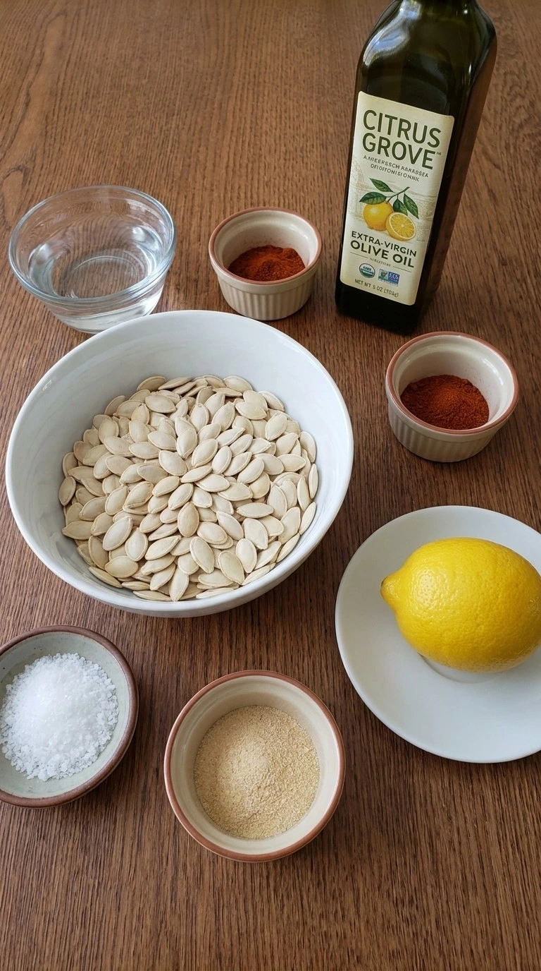 Lemon Roasted Pumpkin Seeds ingredients with fresh pumpkin seeds, lemon, olive oil and warm spices in separate Recipe focus: spicy lemon roasted pumpkin seeds.