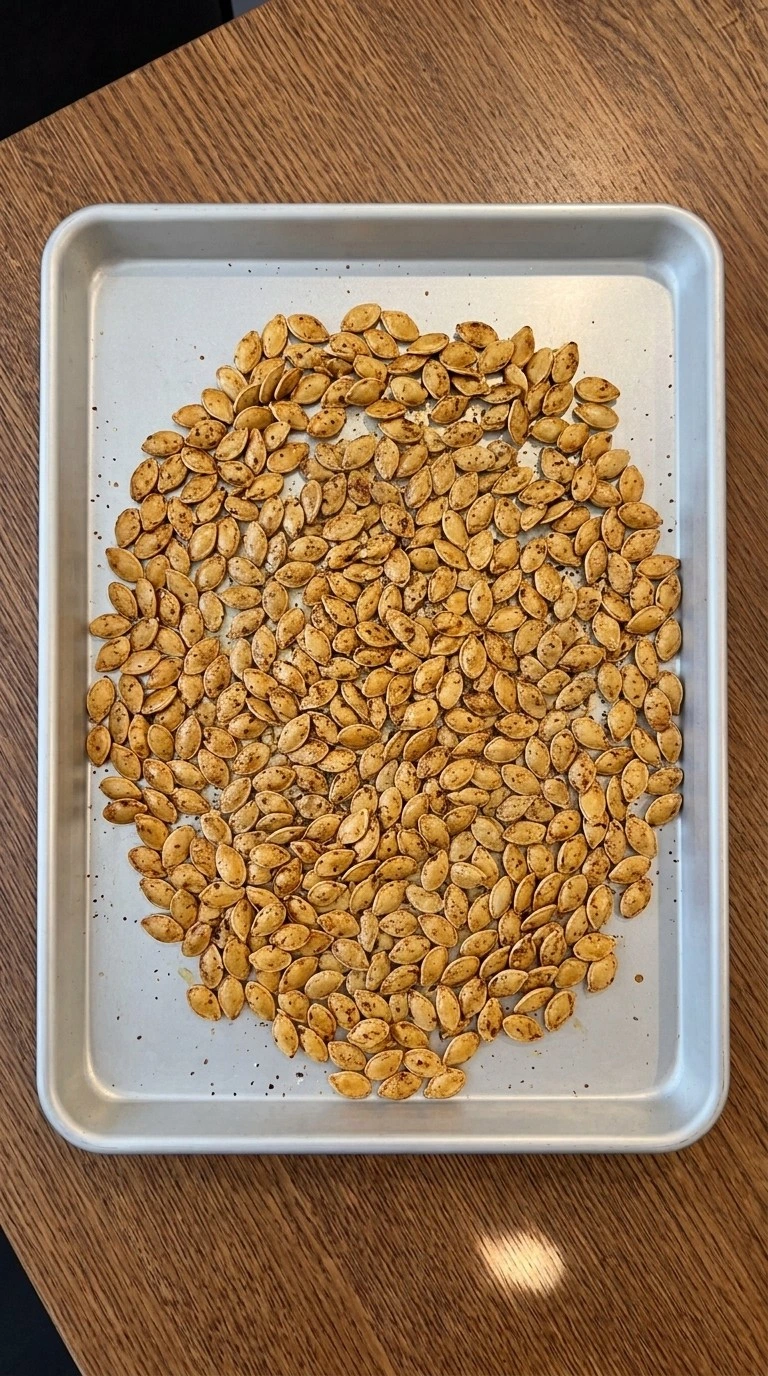 Lemon Roasted Pumpkin Seeds roasting to golden amber with crisp edges and visible paprika speckles Recipe focus: spicy lemon roasted pumpkin seeds.