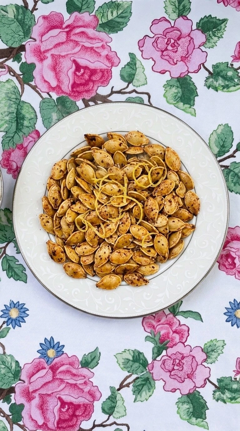 Lemon Roasted Pumpkin Seeds finished with fresh lemon zest and cooled until crisp on a white plate Recipe focus: how to make lemon roasted pumpkin seeds.