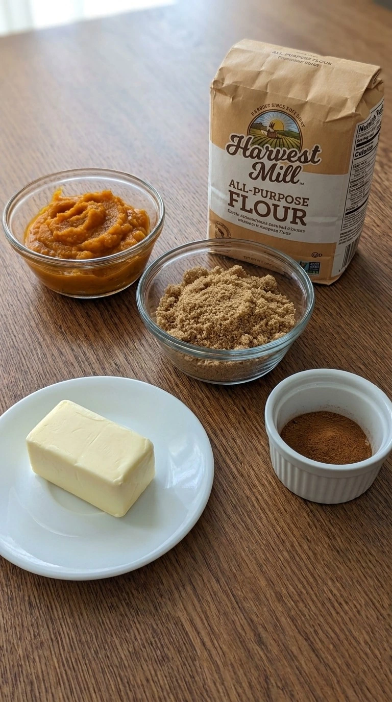 Pumpkin Muffins with Streusel Topping ingredients arranged before baking Recipe focus: streusel pumpkin muffins.