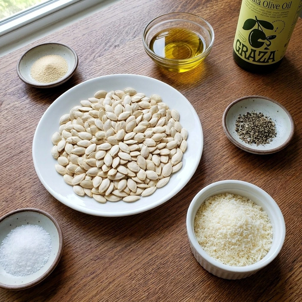 Roasted Pumpkin Seeds with Parmesan Cheese ingredients including fresh pumpkin seeds, Parmigiano-Reggiano and olive oil