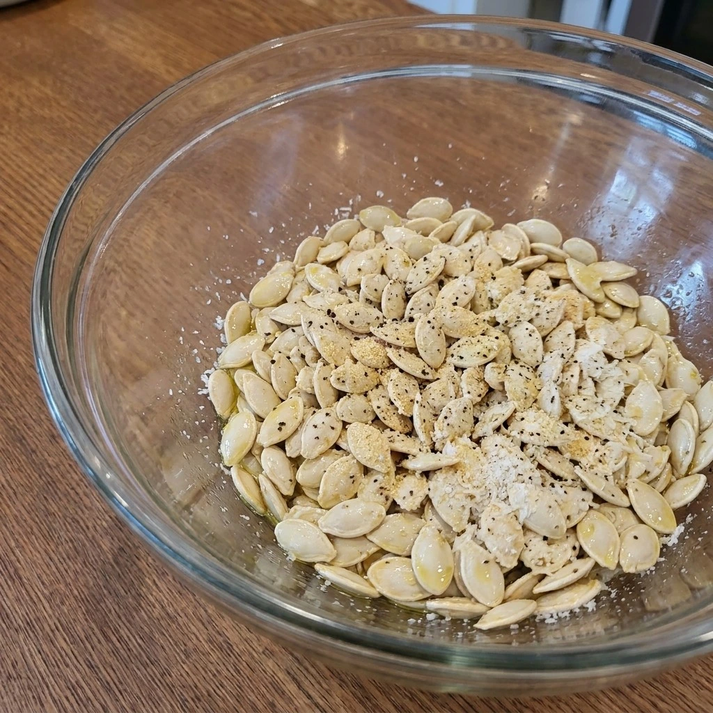 Seasoning Roasted Pumpkin Seeds with Parmesan Cheese with olive oil, garlic and finely grated Parmesan