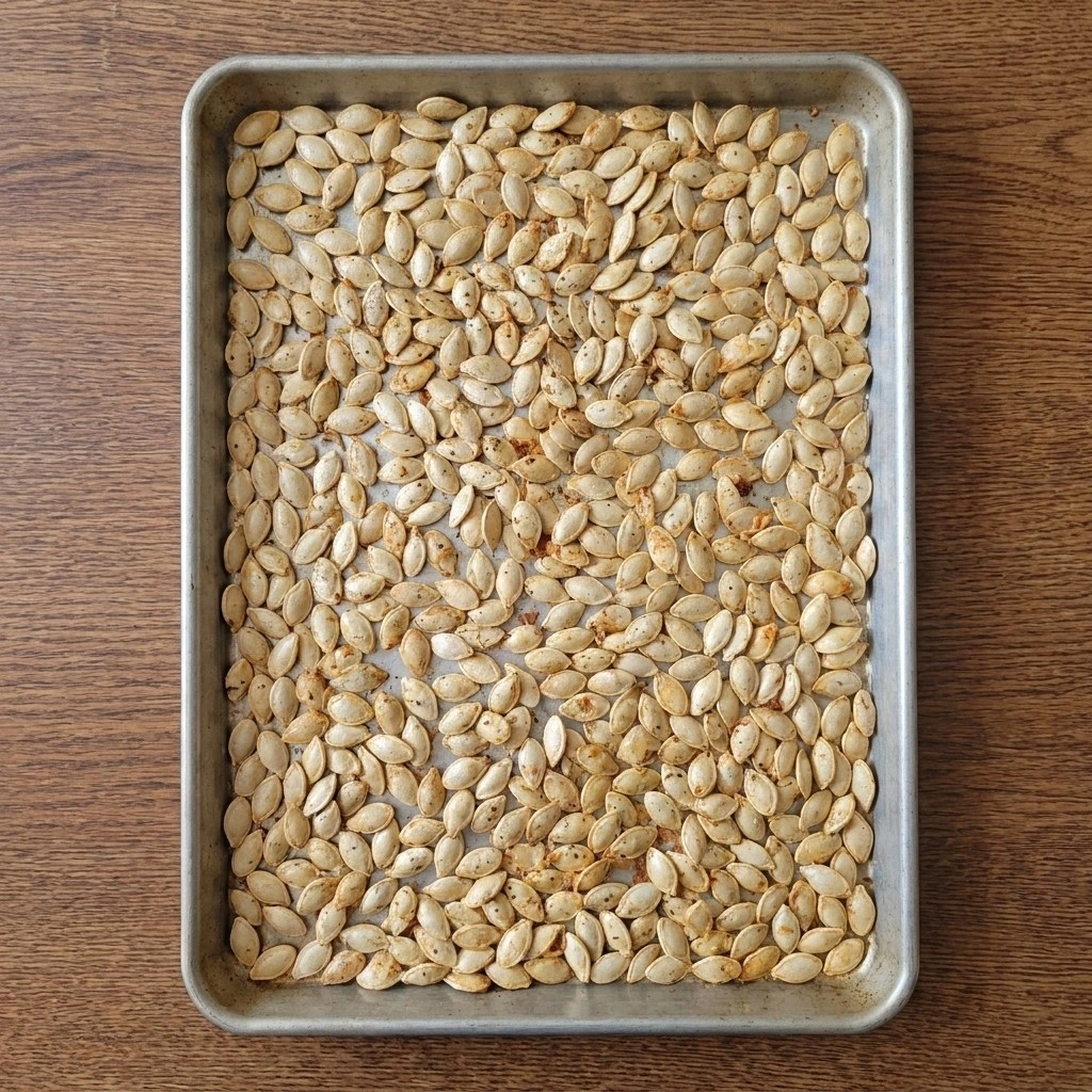 Roasting Roasted Pumpkin Seeds with Parmesan Cheese until the edges begin turning light golden