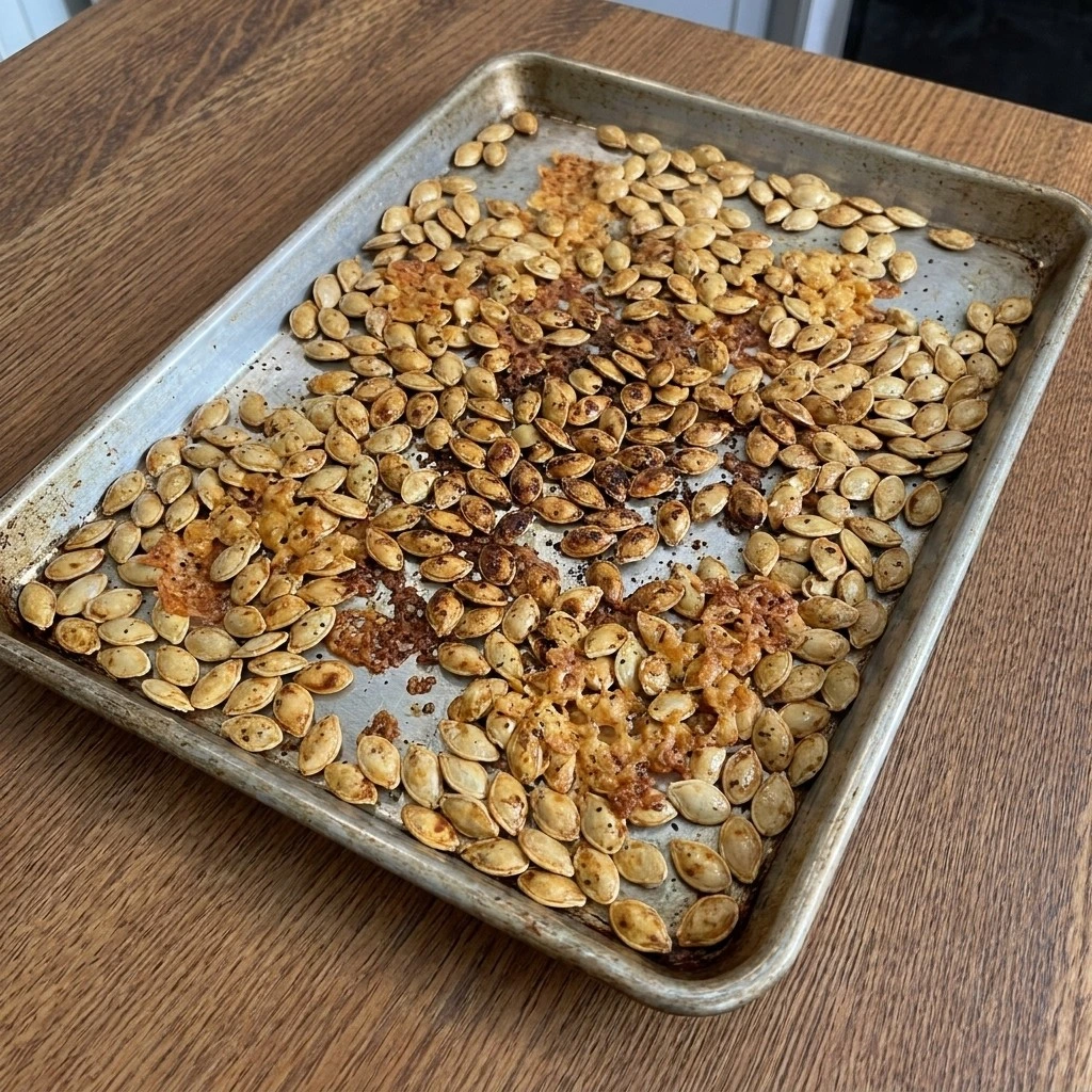 Crispy golden Roasted Pumpkin Seeds with Parmesan Cheese after the second roasting stage