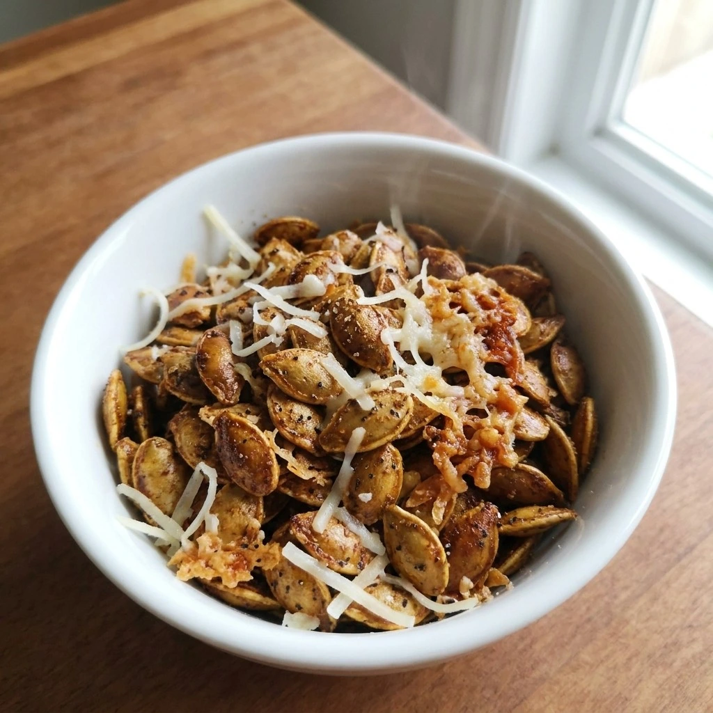 Finished Roasted Pumpkin Seeds with Parmesan Cheese served with fresh grated Parmigiano-Reggiano