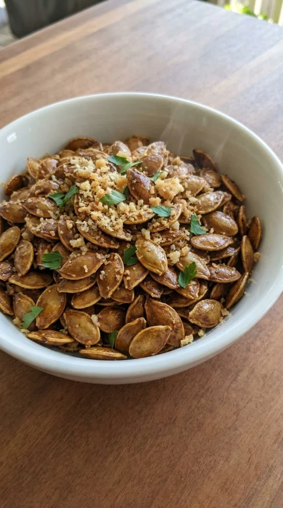 Roasted Pumpkin Seeds with Parmesan in a white bowl with golden toasted seeds and Parmesan crumbs Recipe focus: how to make roasted pumpkin seeds with parmesan.