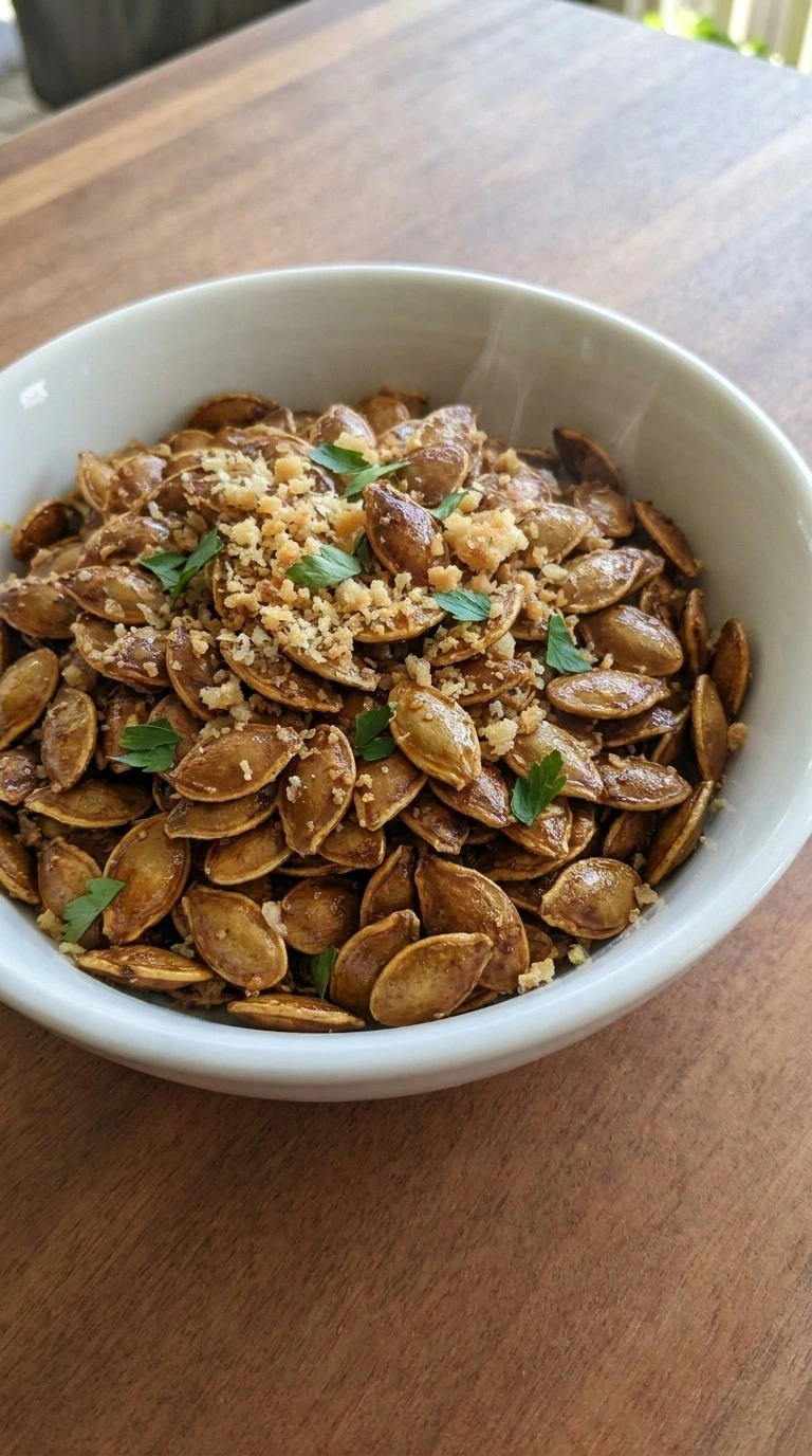 Roasted Pumpkin Seeds with Parmesan in a white bowl with golden toasted seeds and Parmesan crumbs Recipe focus: how to make roasted pumpkin seeds with parmesan.