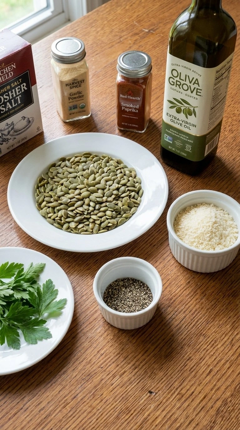 Ingredients for Roasted Pumpkin Seeds with Parmesan including pumpkin seeds, Parmigiano-Reggiano, olive oil and Recipe focus: autumn roasted pumpkin seeds.