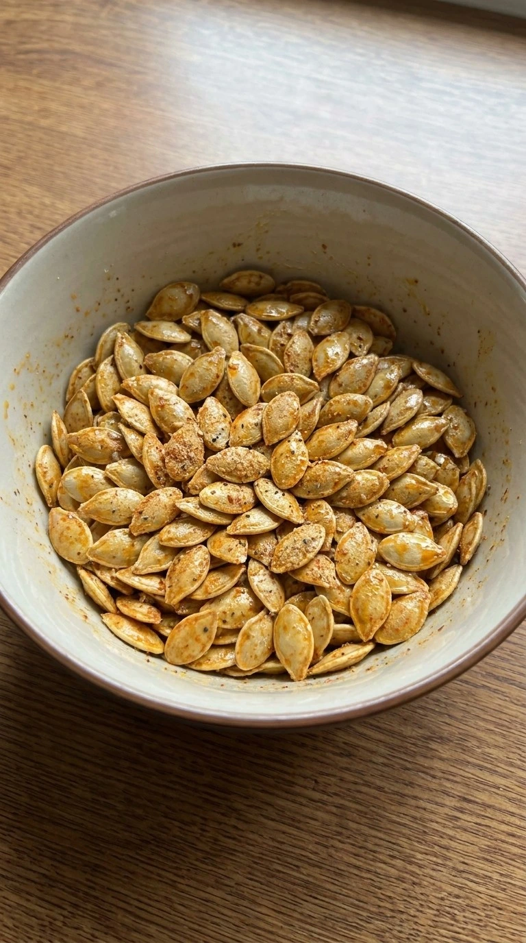 Seasoned pumpkin seeds for Roasted Pumpkin Seeds with Parmesan coated with garlic, paprika and olive oil Recipe focus: toasted pumpkin seeds.