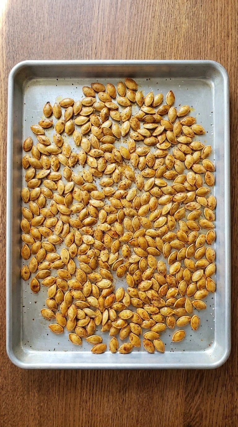 Golden toasted seeds during Roasted Pumpkin Seeds with Parmesan before adding cheese Recipe focus: how to prepare pumpkin seeds.