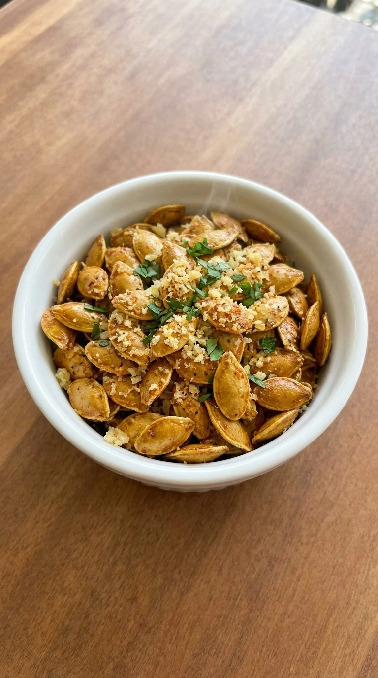 Finished Roasted Pumpkin Seeds with Parmesan coated in toasted cheese and fresh parsley Recipe focus: autumn roasted pumpkin seeds.