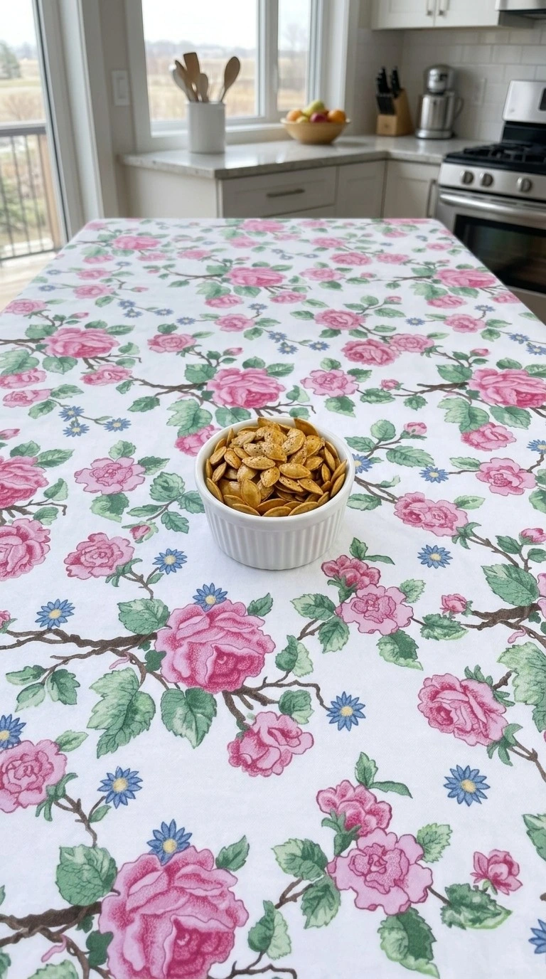 Roasted Pumpkin Seeds with Salt and Pepper piled in a white ceramic ramekin with golden edges and black pepper flecks