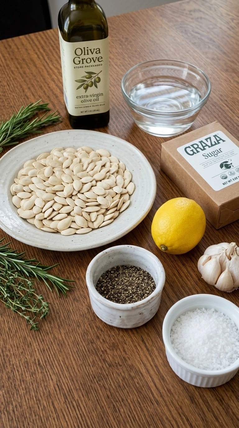 Ingredients for Roasted Pumpkin Seeds with Salt and Pepper including raw pumpkin seeds, olive oil, kosher salt and coarse black pepper