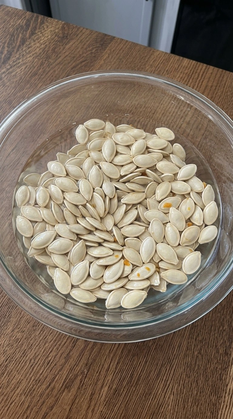 Rinsed pumpkin seeds for Roasted Pumpkin Seeds with Salt and Pepper with most pumpkin pulp removed