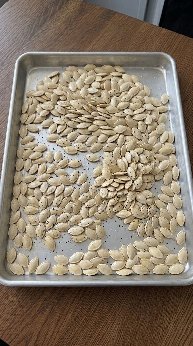 Seasoned Roasted Pumpkin Seeds with Salt and Pepper coated lightly with olive oil before baking