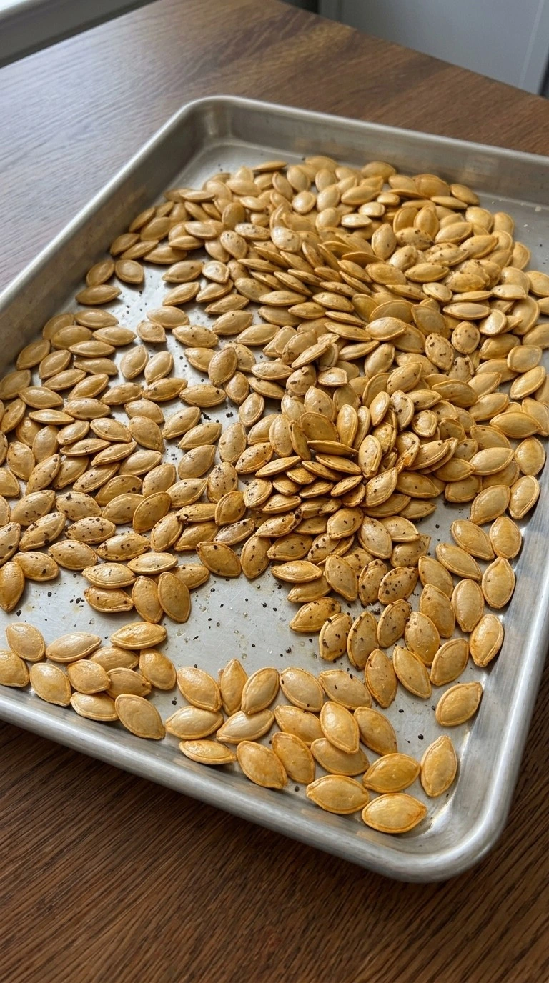 Golden Roasted Pumpkin Seeds with Salt and Pepper after roasting at 325°F until crisp