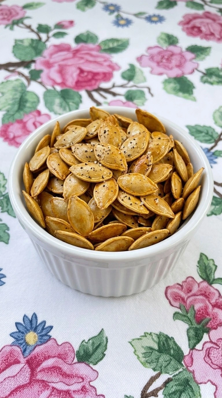 Finished Roasted Pumpkin Seeds with Salt and Pepper served in a small white ceramic ramekin