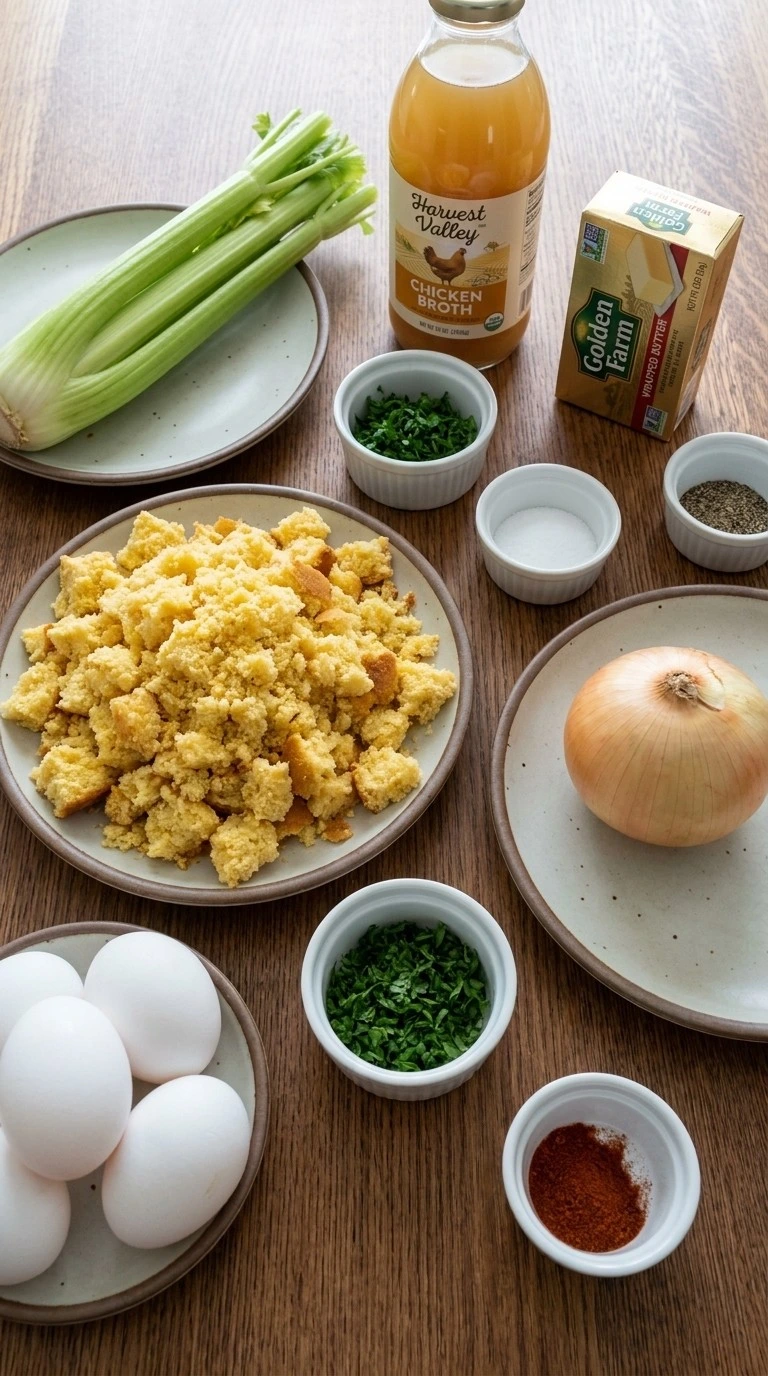 Southern Thanksgiving Soul Food Cornbread Dressing ingredients with cornbread celery onion and herbs Recipe focus: southern cooking soul food.