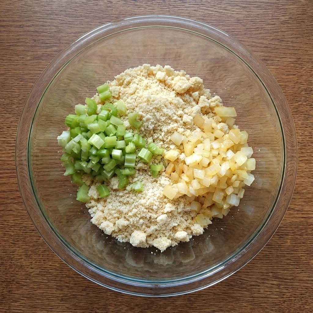 Southern Thanksgiving Soul Food Cornbread Dressing step with crumbled cornbread celery and onion Recipe focus: cornbread dressing with chicken.