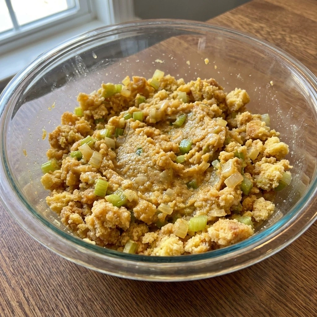 Southern Thanksgiving Soul Food Cornbread Dressing mixed with broth eggs celery and onion Recipe focus: sausage dressing recipes thanksgiving.