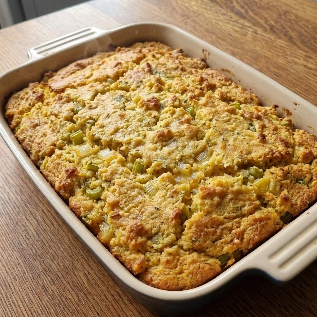 Southern Thanksgiving Soul Food Cornbread Dressing baking with golden crust and moist center Recipe focus: crockpot dressing cornbread.