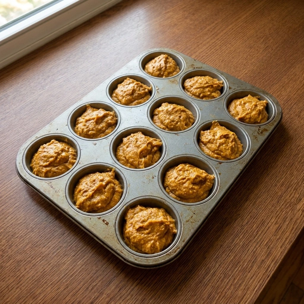 Spice Cake Pumpkin Muffins batter portioned into muffin cups before baking Recipe focus: spice cake cupcakes.