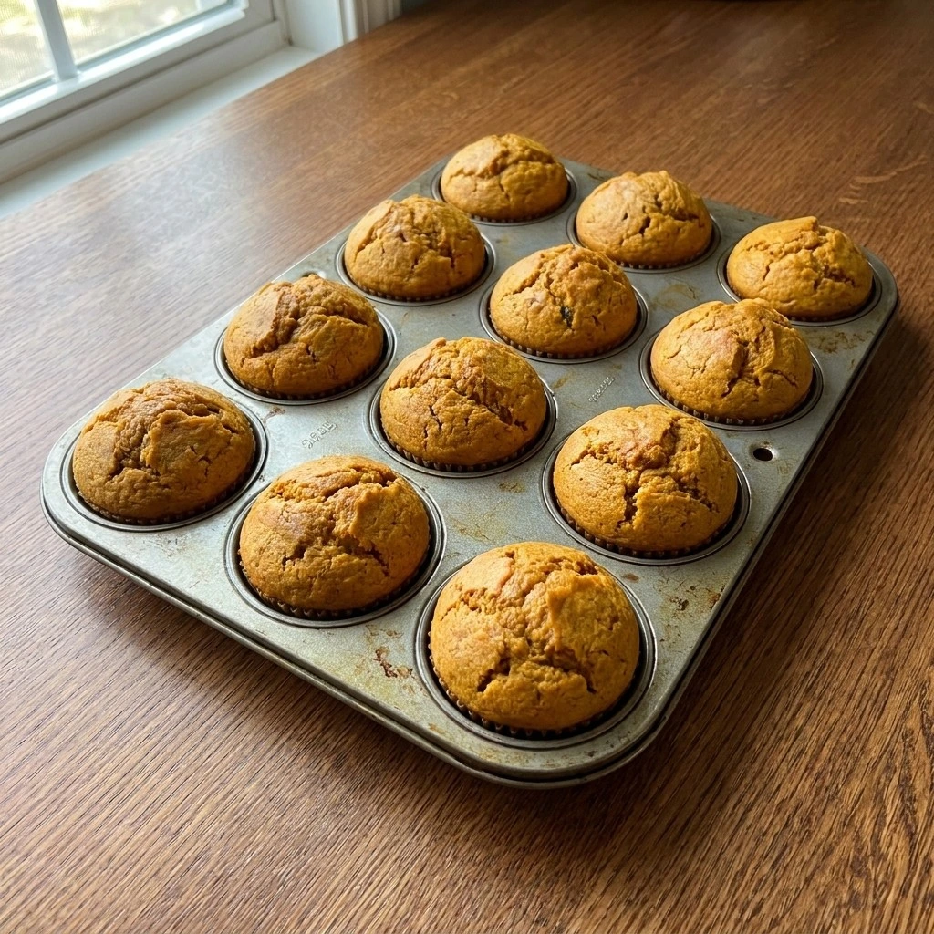 Spice Cake Pumpkin Muffins baking with golden cracked tops Recipe focus: 3 ingredient pumpkin muffins.