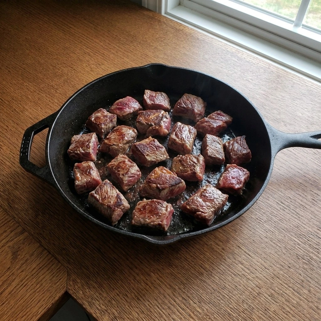 Crockpot Beef Tips and Gravy — Sear the seasoned beef tips Recipe focus: crockpot cubed steak and gravy.