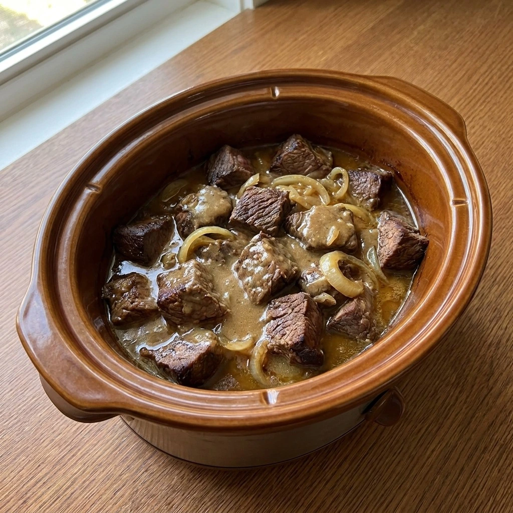 Crockpot Beef Tips and Gravy — Combine the gravy ingredients Recipe focus: crock pot cubed steak and gravy.
