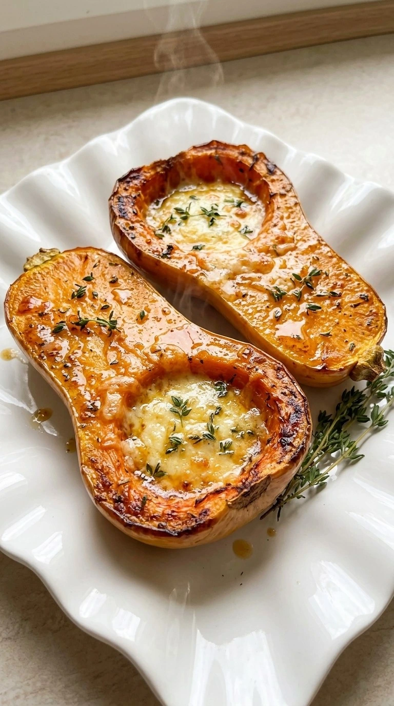 Thanksgiving Butternut Squash roasted halves with creamy herb filling and golden topping Recipe focus: thanksgiving butternut squash recipes.