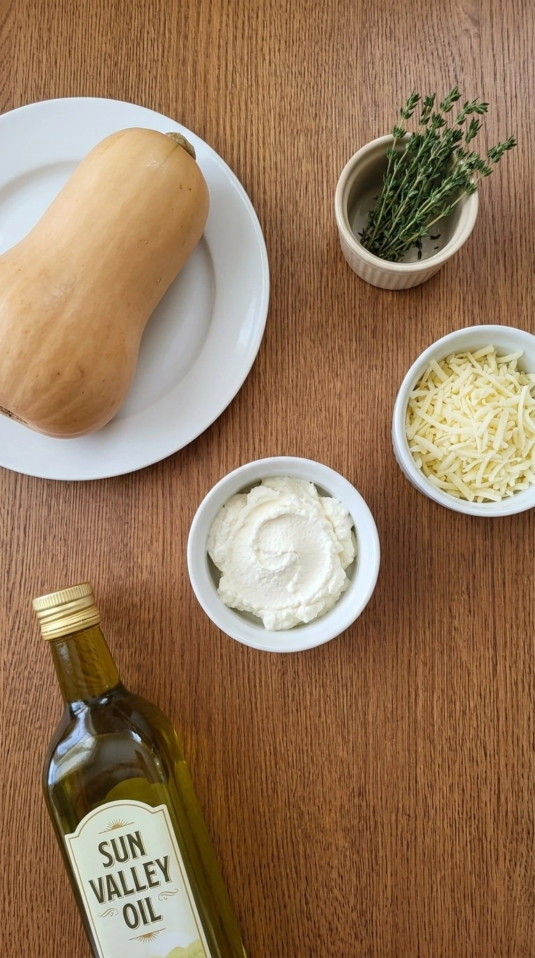 Thanksgiving Butternut Squash ingredients including raw squash herbs and creamy filling components Recipe focus: butternut squash thanksgiving recipes.
