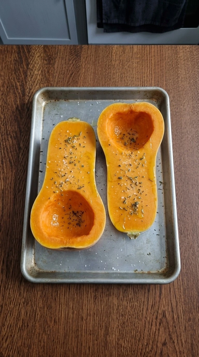 Thanksgiving Butternut Squash halves seasoned before roasting Recipe focus: butternut squash recipes thanksgiving.