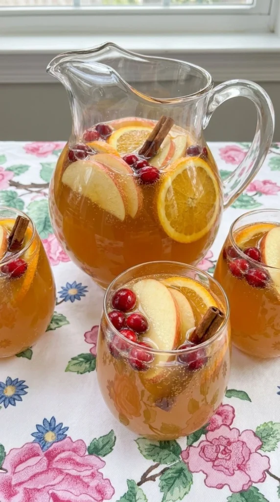Thanksgiving Cocktail Party Food golden apple cider punch with apple slices and cinnamon