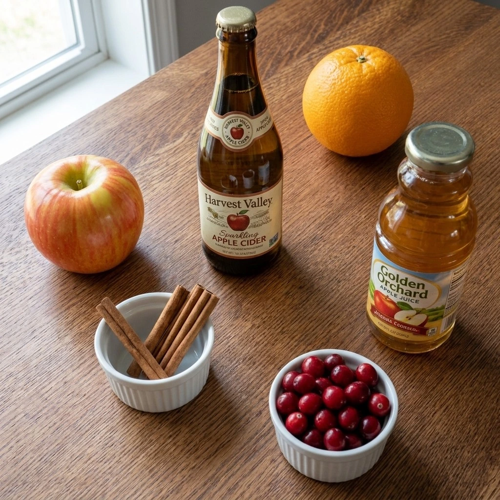 Thanksgiving Cocktail Party Food ingredients with apples oranges cider and cinnamon