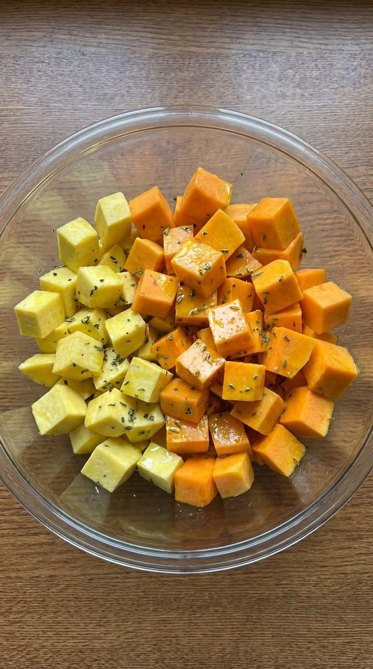 Thanksgiving Side Dishes Healthy Butternut Squash cubes being seasoned before roasting Recipe focus: thanksgiving recipes side dishes healthy butternut squash.