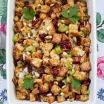 Thanksgiving Stuffing Focaccia Food Network fresh from the oven with golden bread cubes and herbs