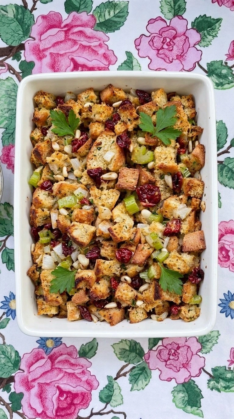 Thanksgiving Stuffing Focaccia Food Network fresh from the oven with golden bread cubes and herbs