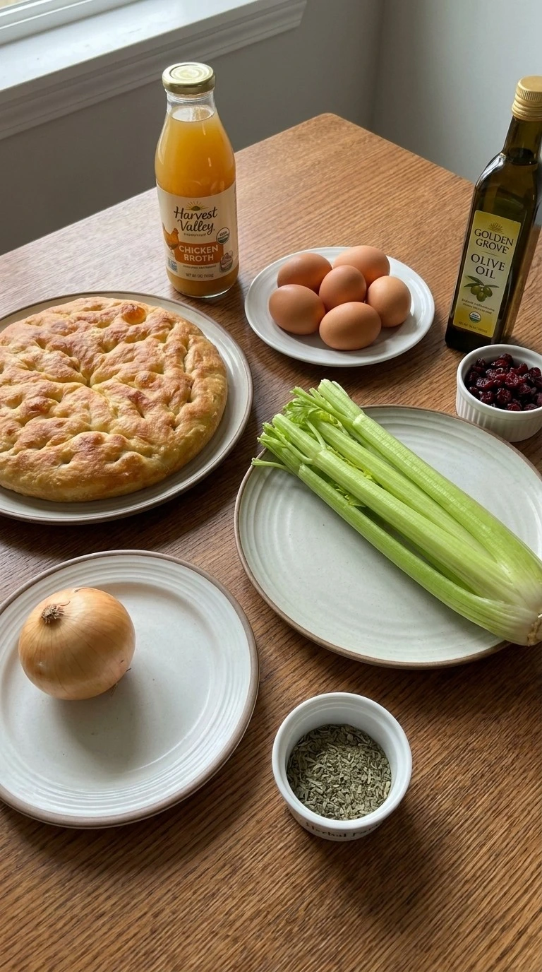 Thanksgiving Stuffing Focaccia Food Network ingredients with bread cubes herbs and vegetables