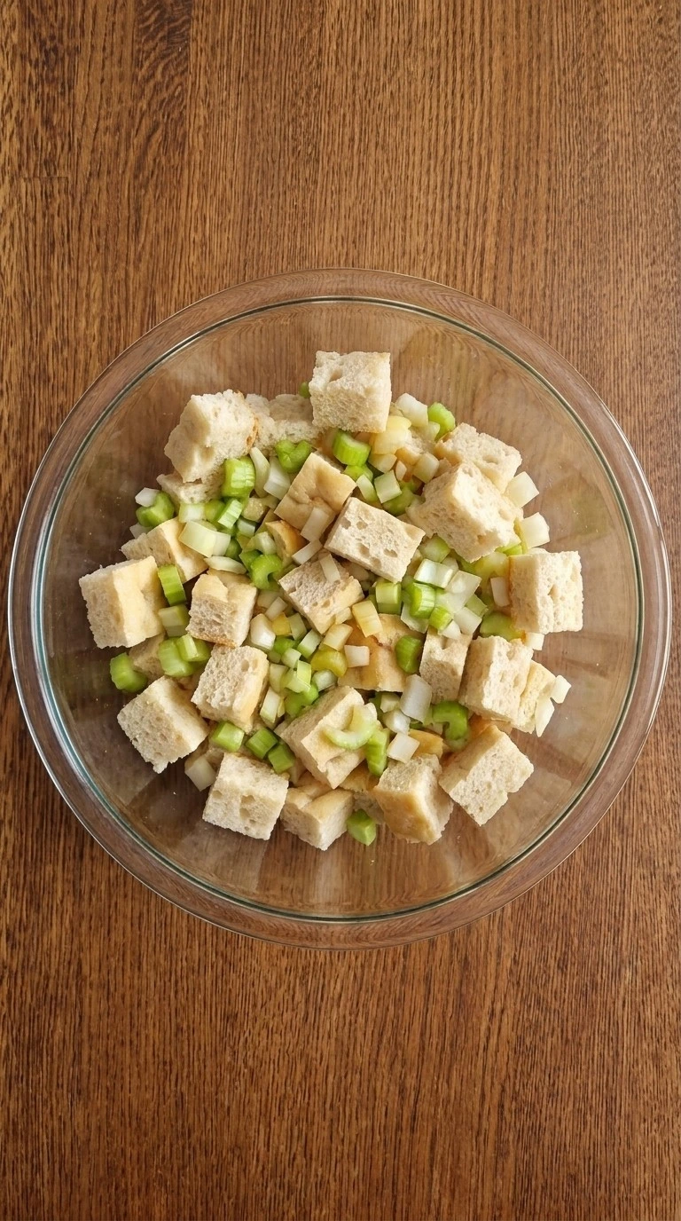 Thanksgiving Stuffing Focaccia Food Network bread cubes and vegetables being prepared