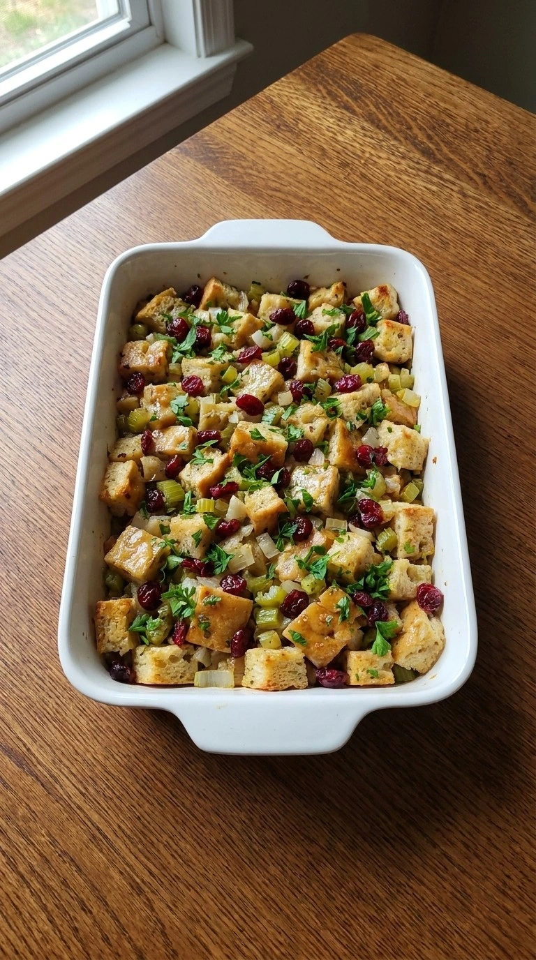 Thanksgiving Stuffing Focaccia Food Network layered in ceramic baking dish before baking