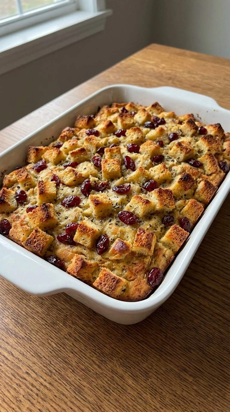 Thanksgiving Stuffing Focaccia Food Network browning in ceramic dish with crispy edges