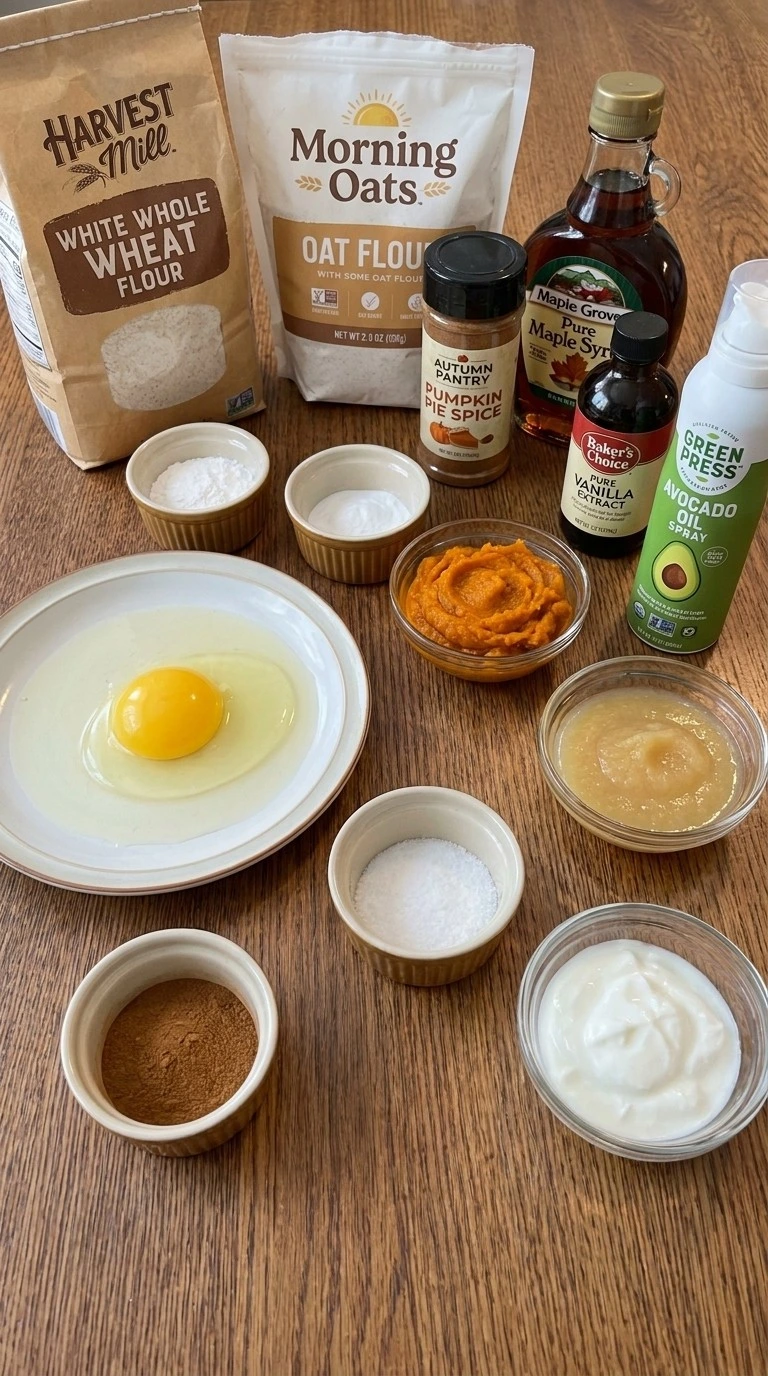 Weight Watchers Pumpkin Muffins ingredients including pumpkin puree, flour, yogurt and maple syrup Recipe focus: weight watcher pumpkin muffins.