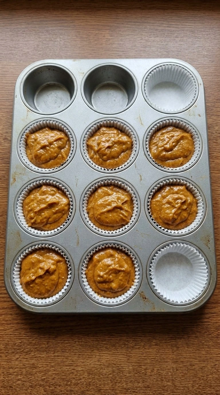 Weight Watchers Pumpkin Muffins batter portioned into eight white paper liners Recipe focus: weight watcher pumpkin muffins.