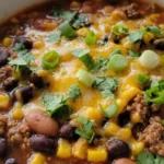 7 Can Taco Soup in a bowl with beans corn and taco toppings Recipe focus: taco soup recipe easy.