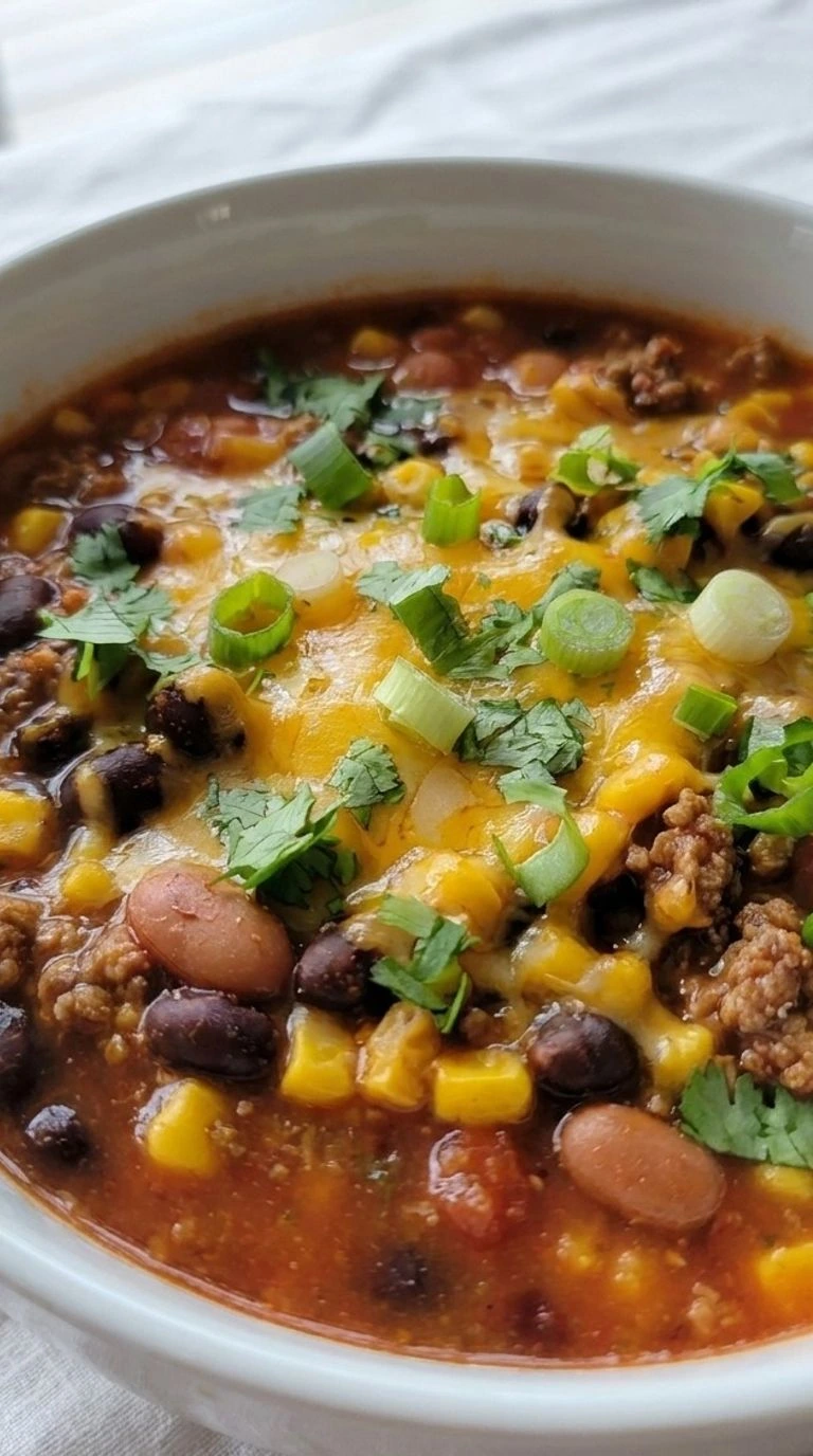 7 Can Taco Soup in a bowl with beans corn and taco toppings Recipe focus: taco soup recipe easy.