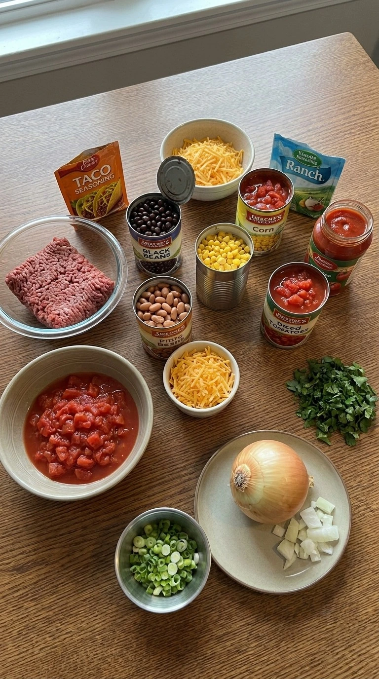 7 Can Taco Soup ingredients with canned beans corn tomatoes and seasonings Recipe focus: 7 can taco soup recipe easy.