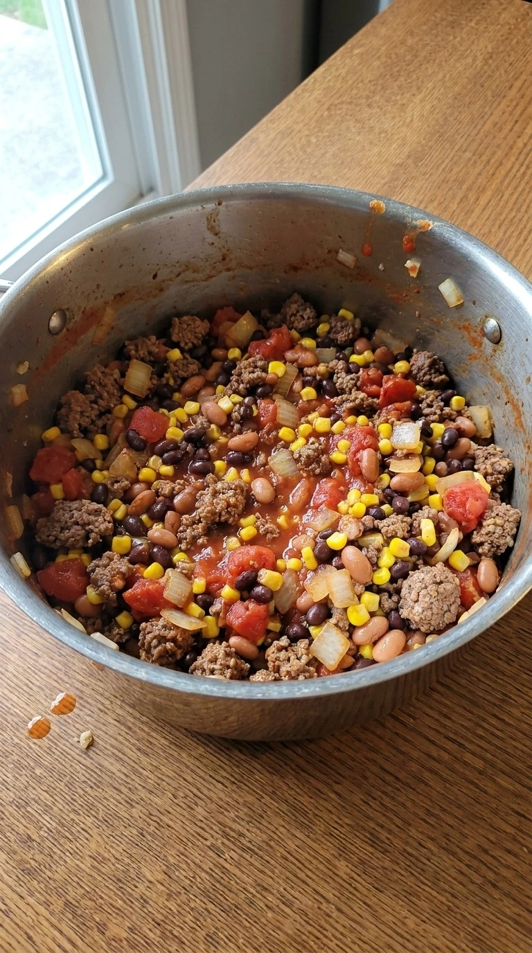 7 Can Taco Soup browning ground beef with beans and tomatoes Recipe focus: taco soup recipe easy.