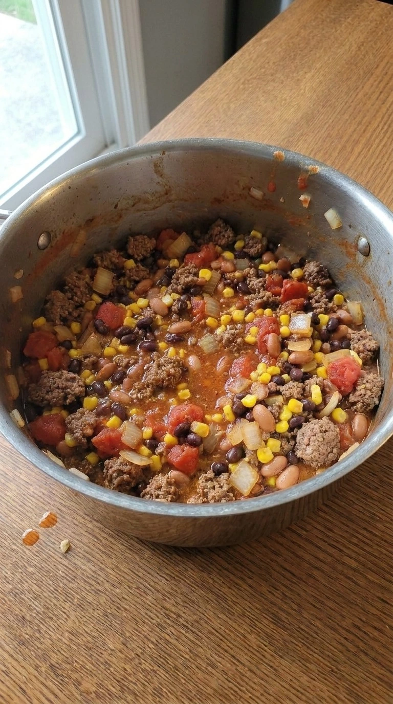 7 Can Taco Soup simmering with thick tomato broth and beans Recipe focus: taco soup recipe easy.
